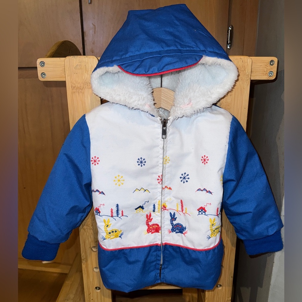 Vintage 80’s hooded winter jacket 2T woodland color-block fuzzy lining